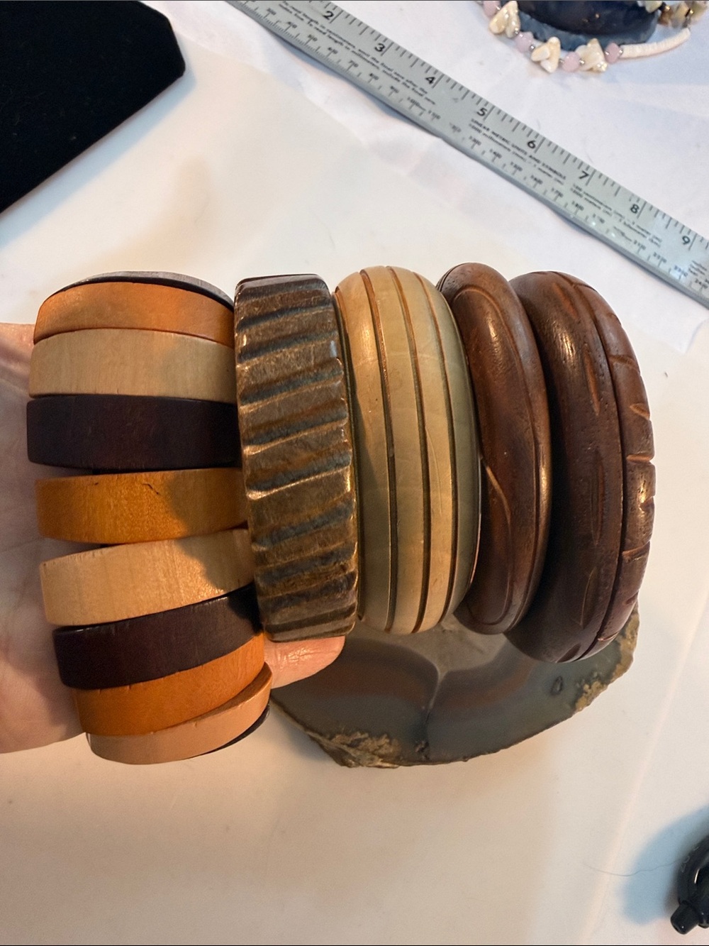 Mixed Wooden Bangle Bracelet Set in Brown and Tan 5 total